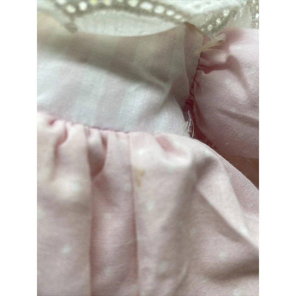 Vintage Eden Plush Rag Doll Yellow Yarn Hair Pink Polka Dot Dress Lace Collar